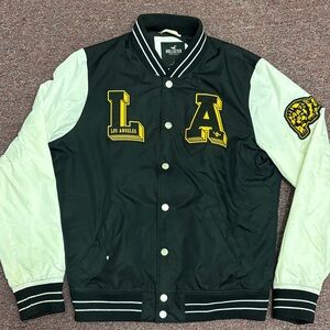 Hollister Black and Cream Varsity Jacket with LA Patch